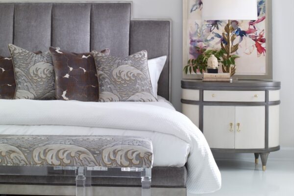 Ambella Home elegant king-sized platform Rafferty upholstered bed with solid Mindi wood frame and stepped headboard.