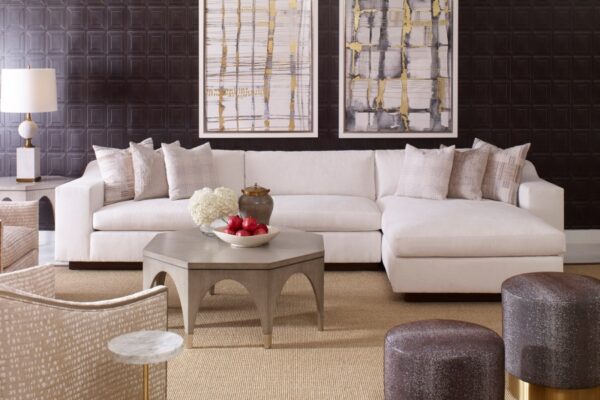 Ambella Home luxurious Barrett Sectional with oversized seat cushions and base made from Beech Wood.