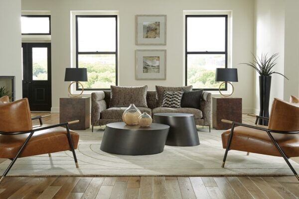 Thayer Coggin mid century modern spaced out living room sofa along side Kai lounge chairs in dark bronze.