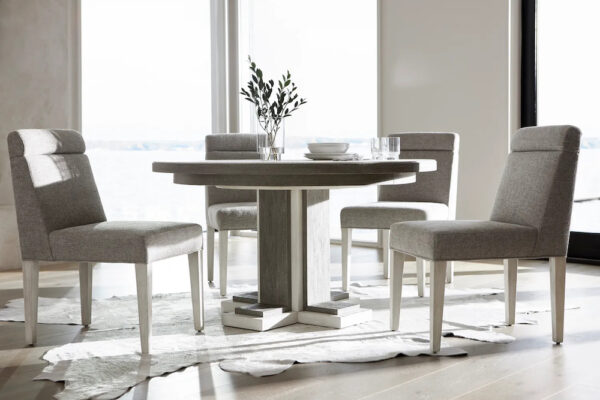 bernhardt-furniture-dining-room-foundations-table-side-chair Bernhardt round dining table and upholstered side chair from the Foundations collection.