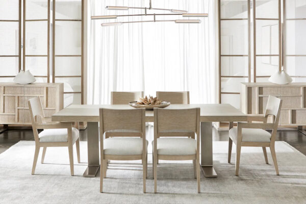 Bernhardt's Solaria modern industrial dining table, side & arm chairs, and door chests.