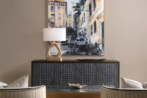 John-Richard living room Sonoma fabric swivel chairs with sideboard, table lamp, and wall art.
