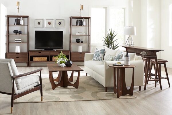 Stickley Furniture wooden rectangular cocktail table and two-tiered gathering island.